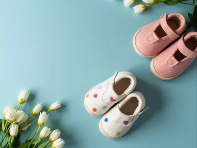Baby Shoes With Flowers On Blue Background