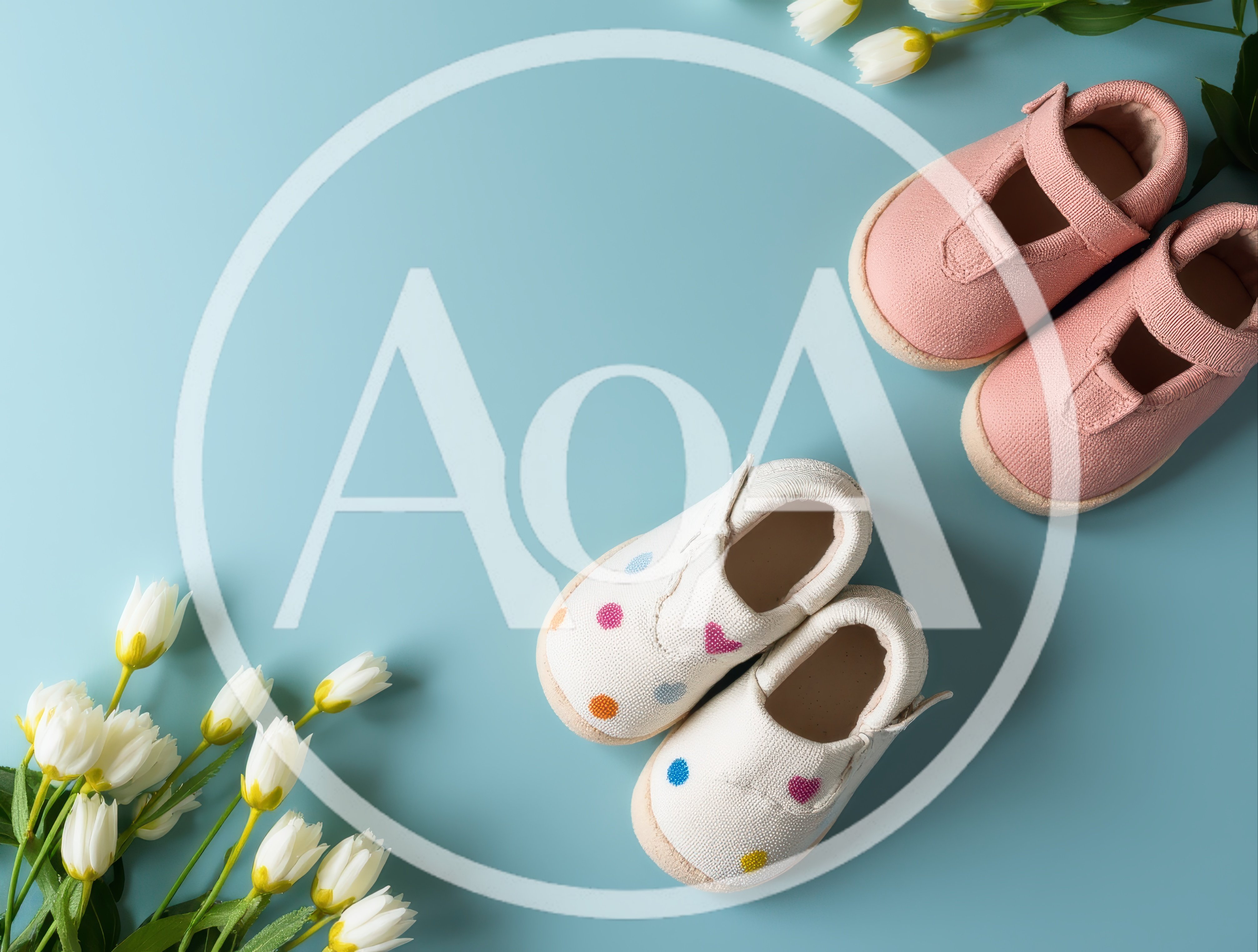 Baby Shoes With Flowers On Blue Background