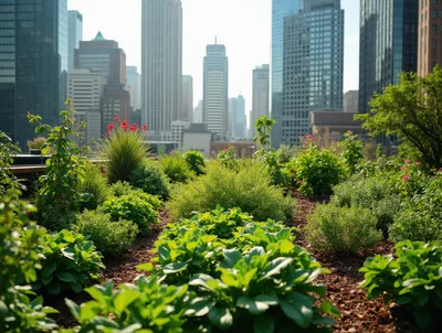 Urban Rooftop Garden With City Skyline View
