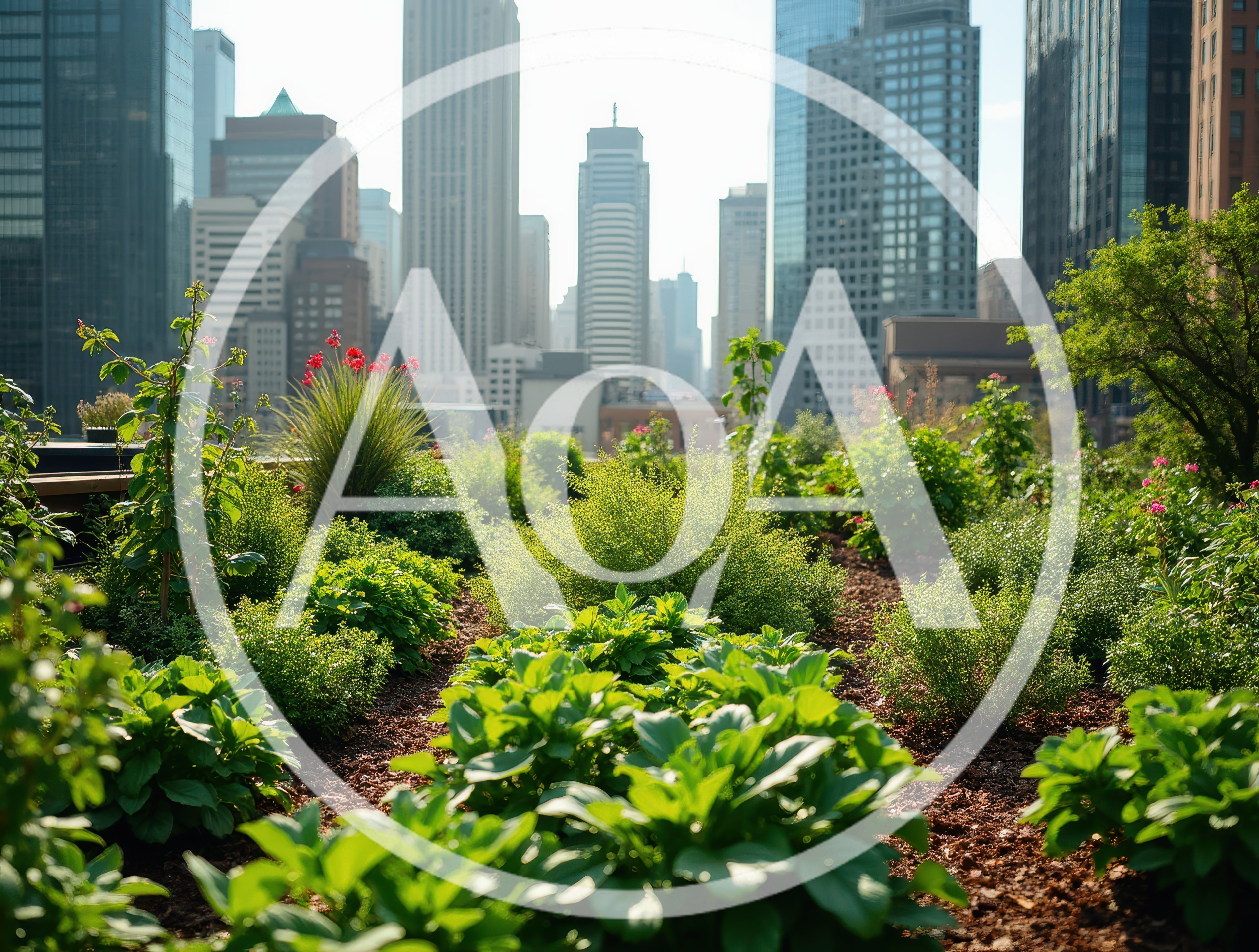 Urban Rooftop Garden With City Skyline View