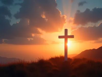 White Christian Cross Standing On A Grassy Hilltop