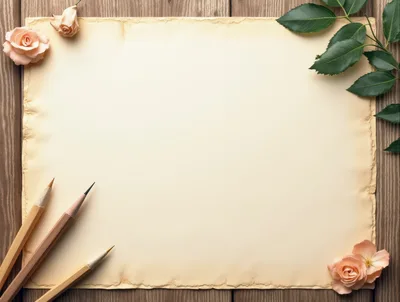 Vintage Paper With Pencils And Roses On Wooden Background