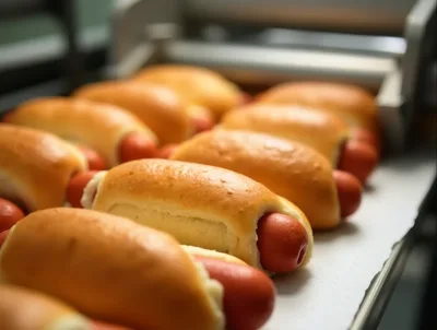 Freshly Baked Hot Dog Buns on Industrial Conveyor
