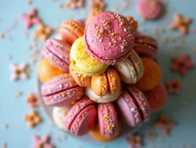 Stack Of Colorful Macarons On A Blue Background