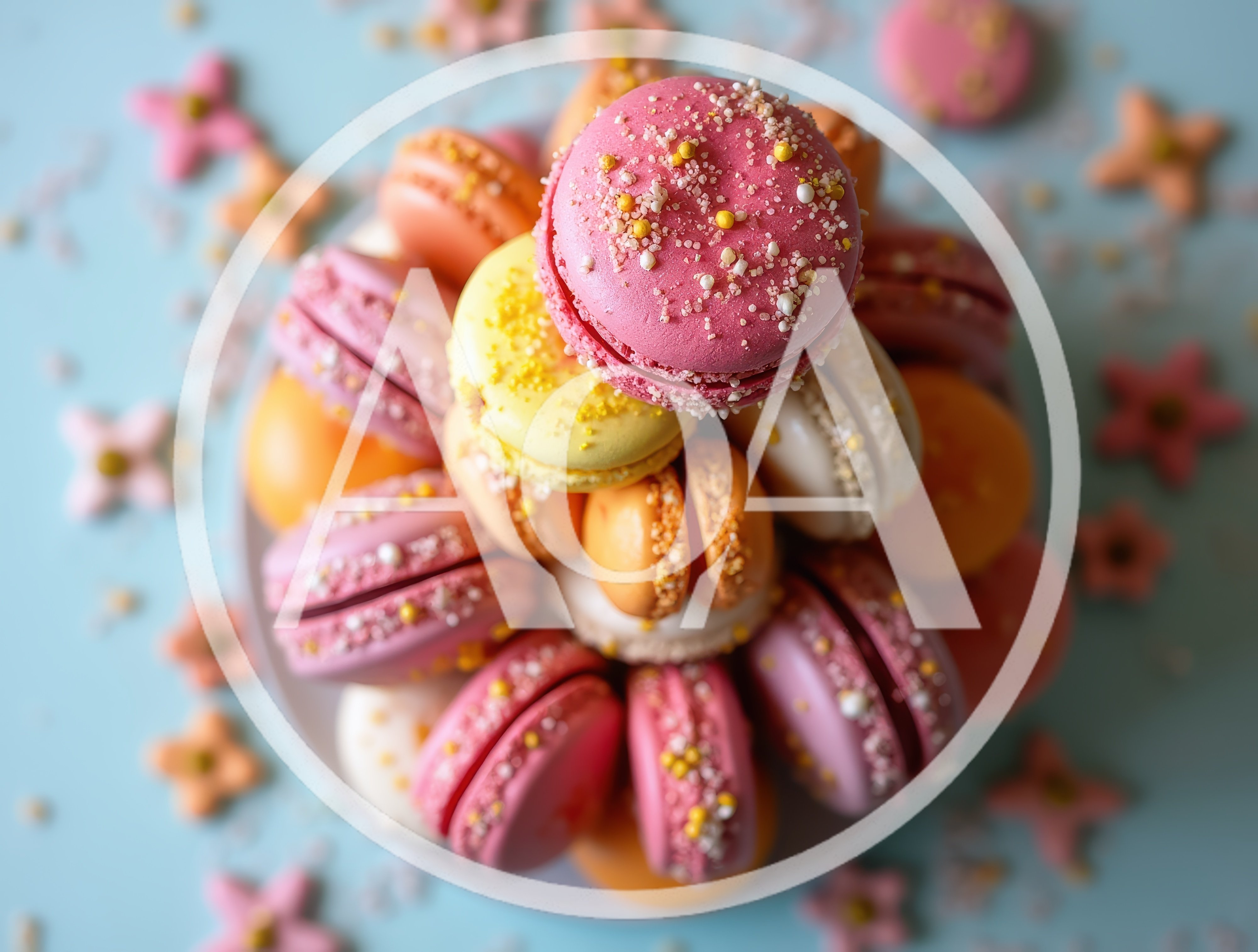 Stack Of Colorful Macarons On A Blue Background