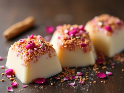 Gourmet White Chocolate Desserts With Rose Petals