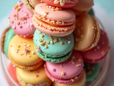 Stack Of Colorful French Macarons With Sprinkles