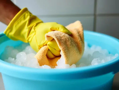 Hand In Yellow Rubber Glove Cleaning With Soapy Sponge