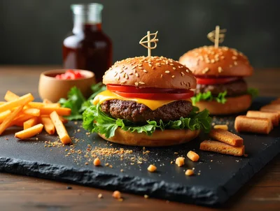 Two Gourmet Cheeseburgers Served On A Slate Platter
