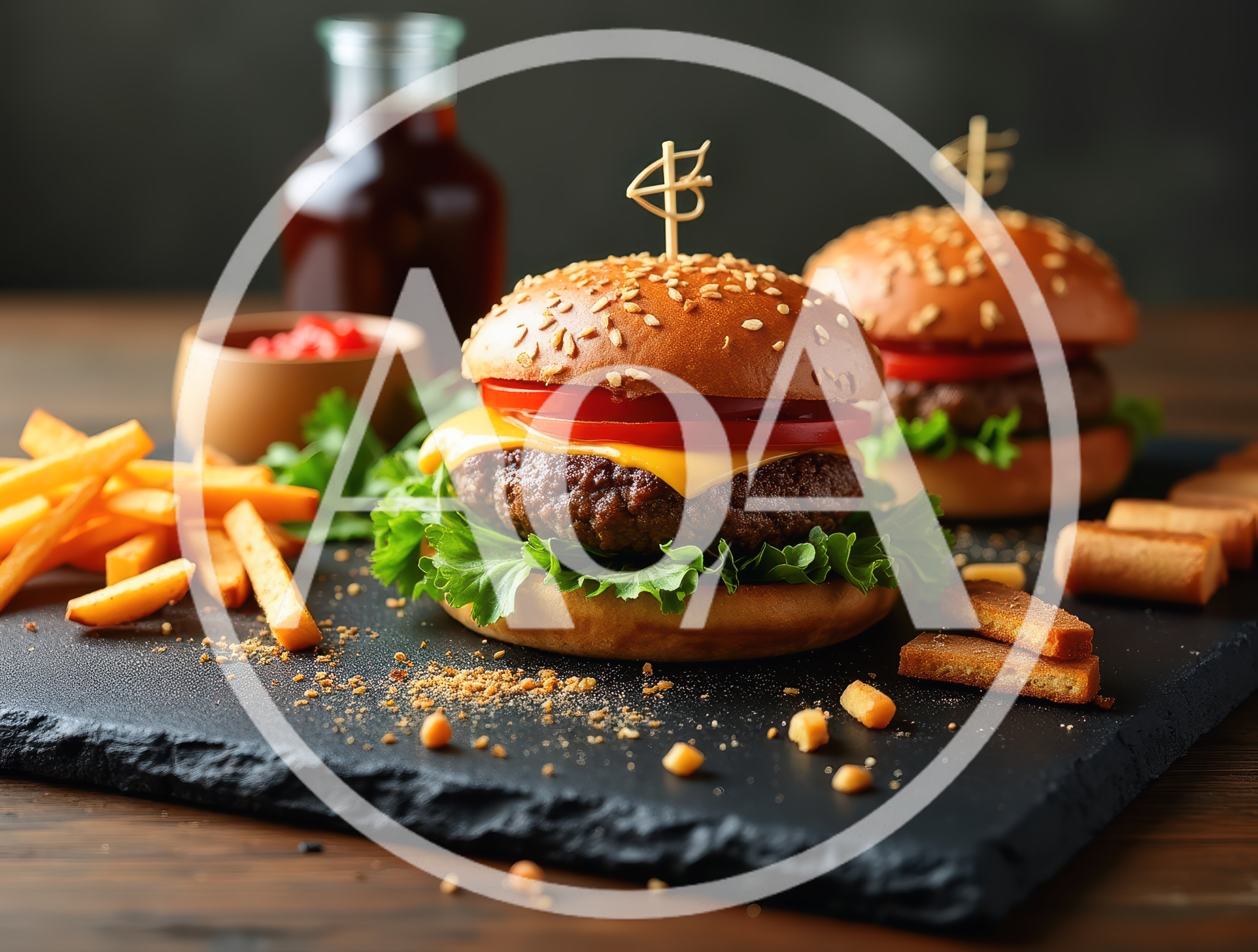 Two Gourmet Cheeseburgers Served On A Slate Platter