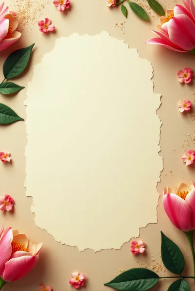 Blank Torn Paper Frame With Pink Flowers
