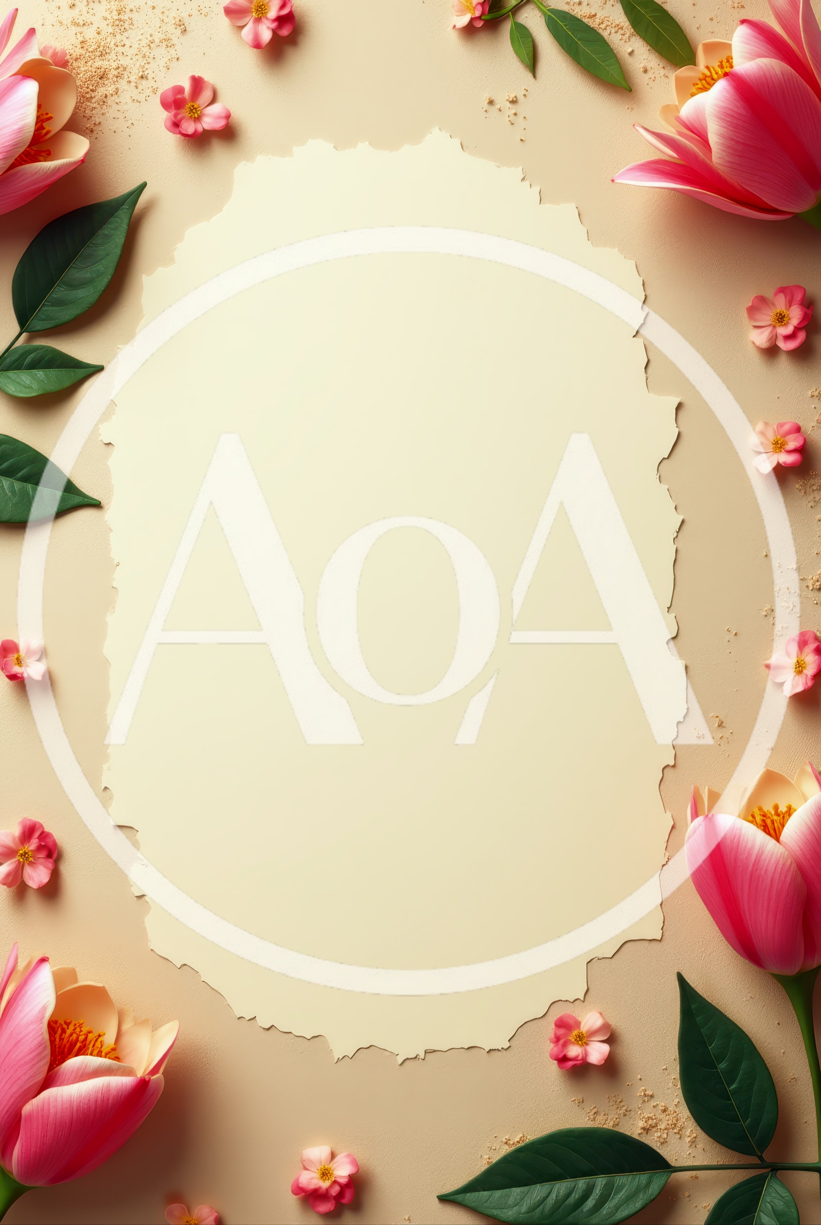 Blank Torn Paper Frame With Pink Flowers