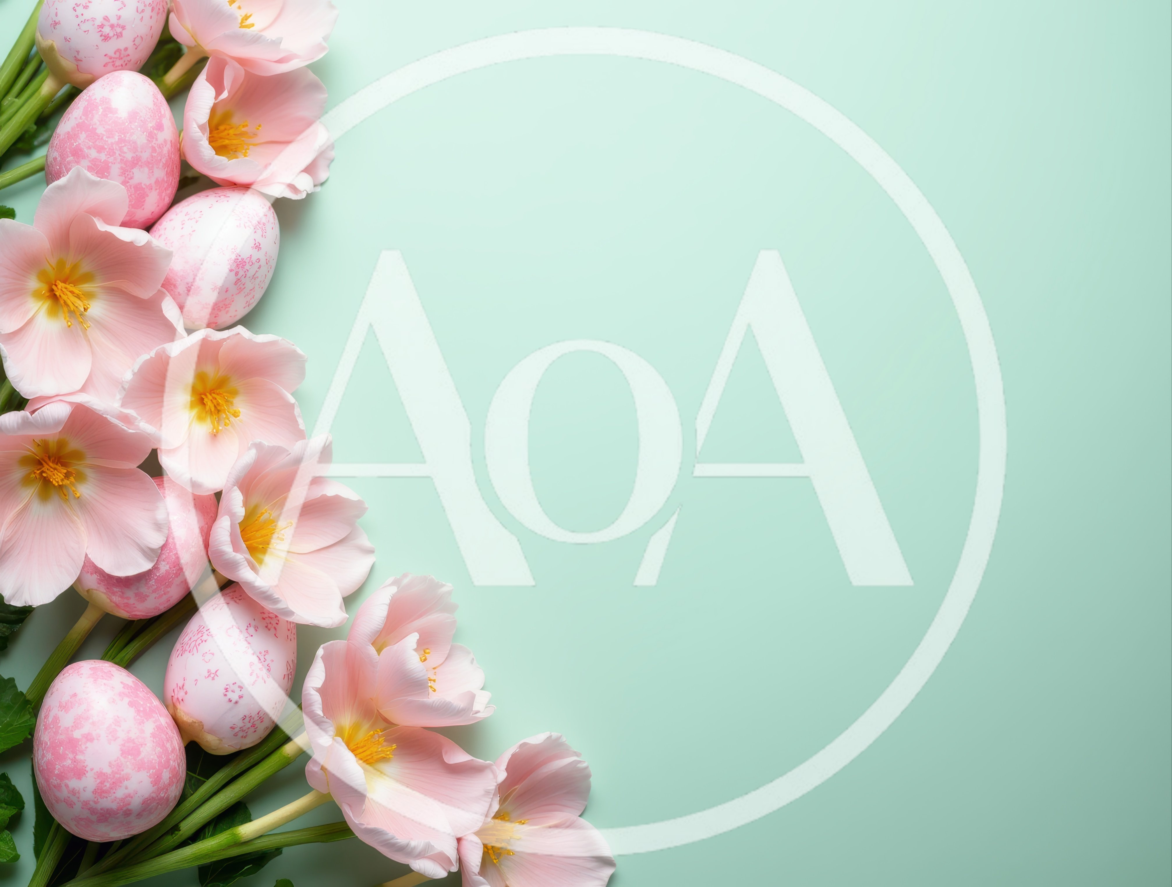 Easter Eggs and Pink Tulips on Pastel Background