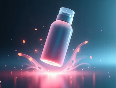 Cosmetic Bottle Floating Above Glowing Pink Liquid Splash