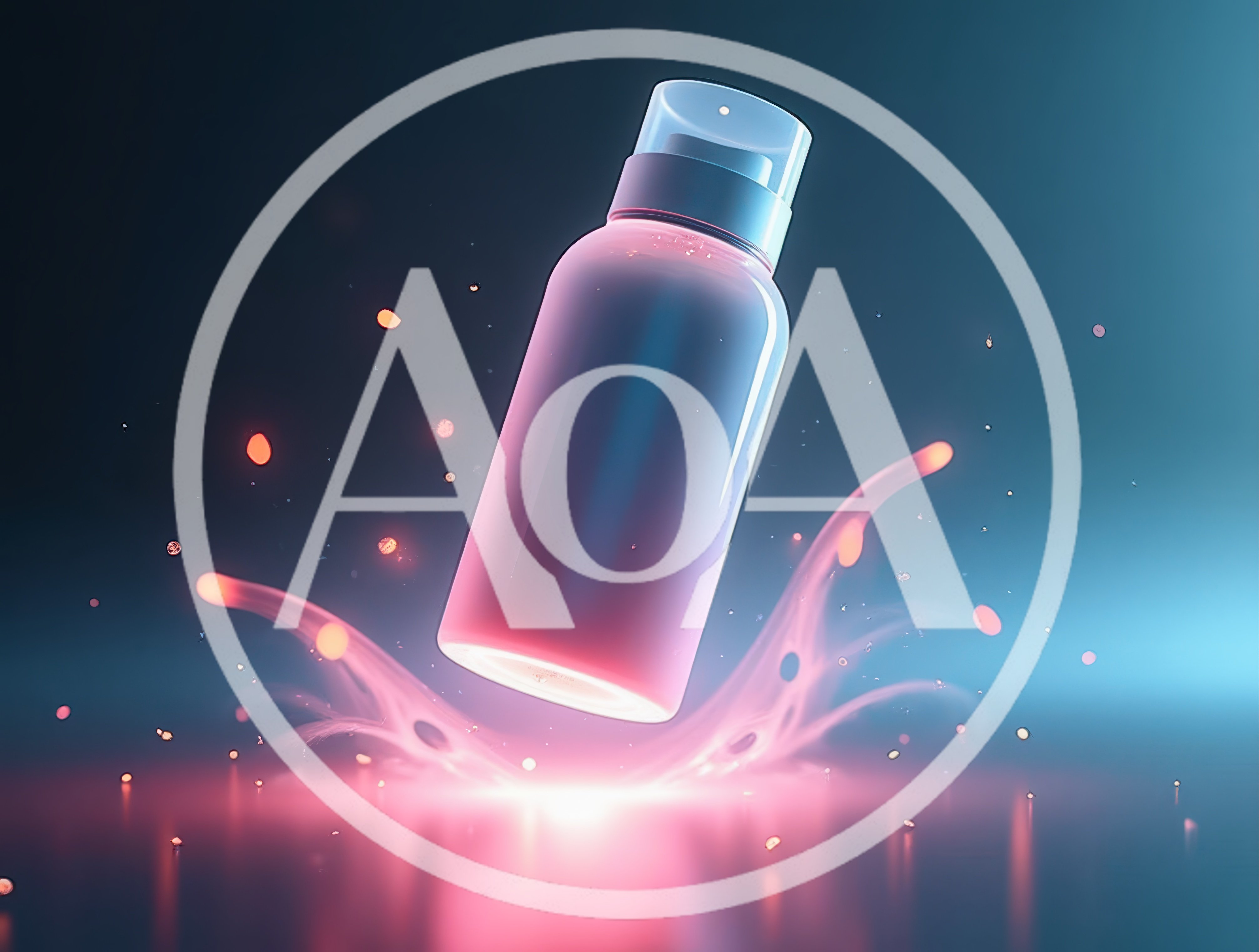Cosmetic Bottle Floating Above Glowing Pink Liquid Splash