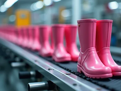 Pink Rubber Boots Moving Along A Factory Conveyor Belt