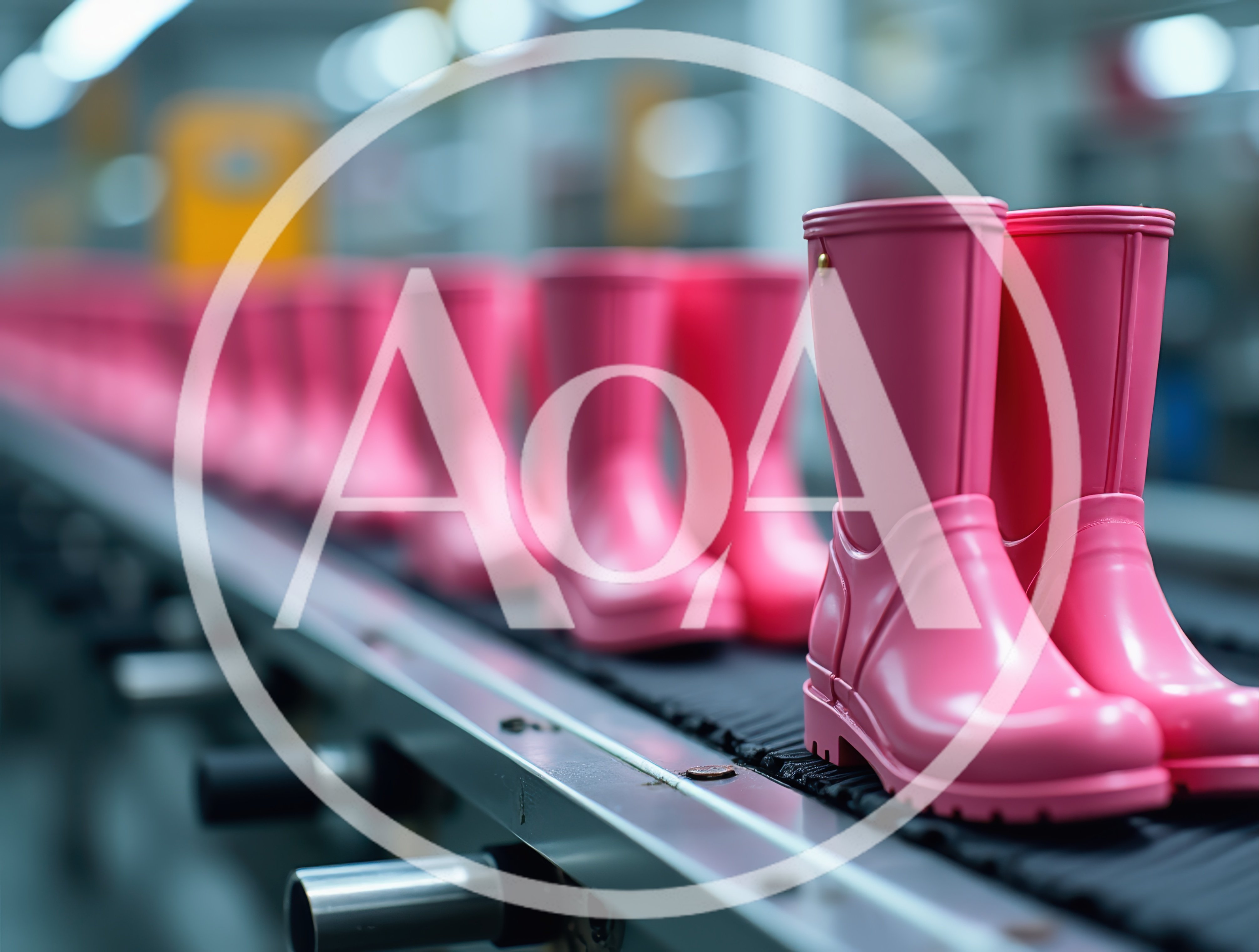 Pink Rubber Boots Moving Along A Factory Conveyor Belt