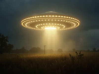 Glowing UFO Hovering Over A Rural Field At Night