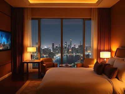 Luxury Hotel Bedroom With Panoramic City Skyline View