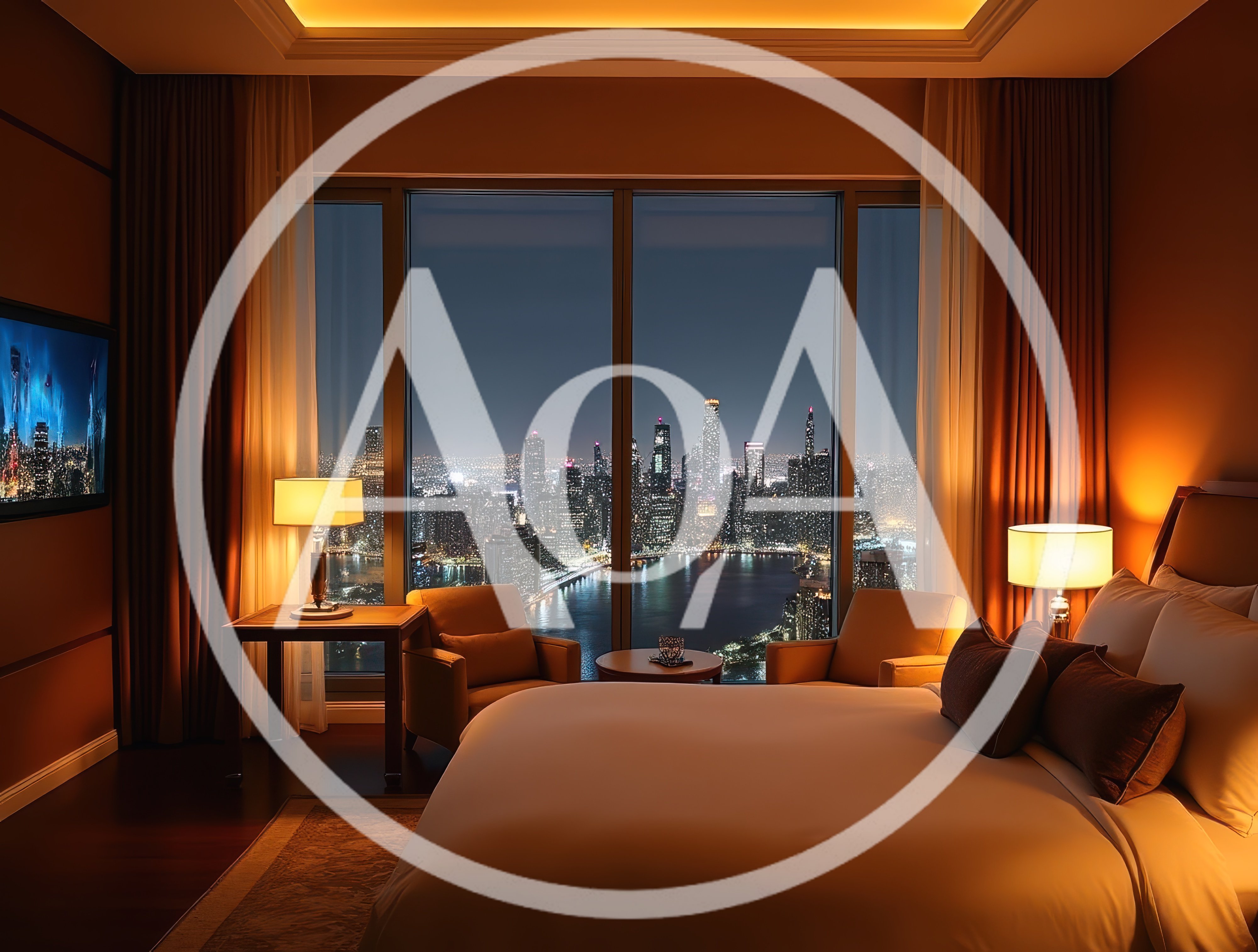 Luxury Hotel Bedroom With Panoramic City Skyline View