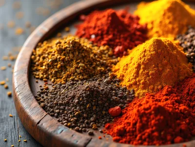Assorted Colorful Spices Arranged On A Wooden Tray