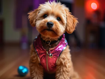 Adorable Fluffy Puppy Wearing A Pink Sequined Vest