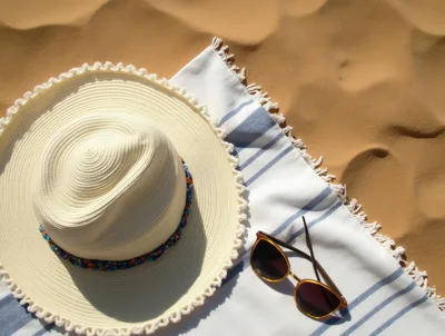 Sun Hat and Sunglasses on a Striped Beach Towel