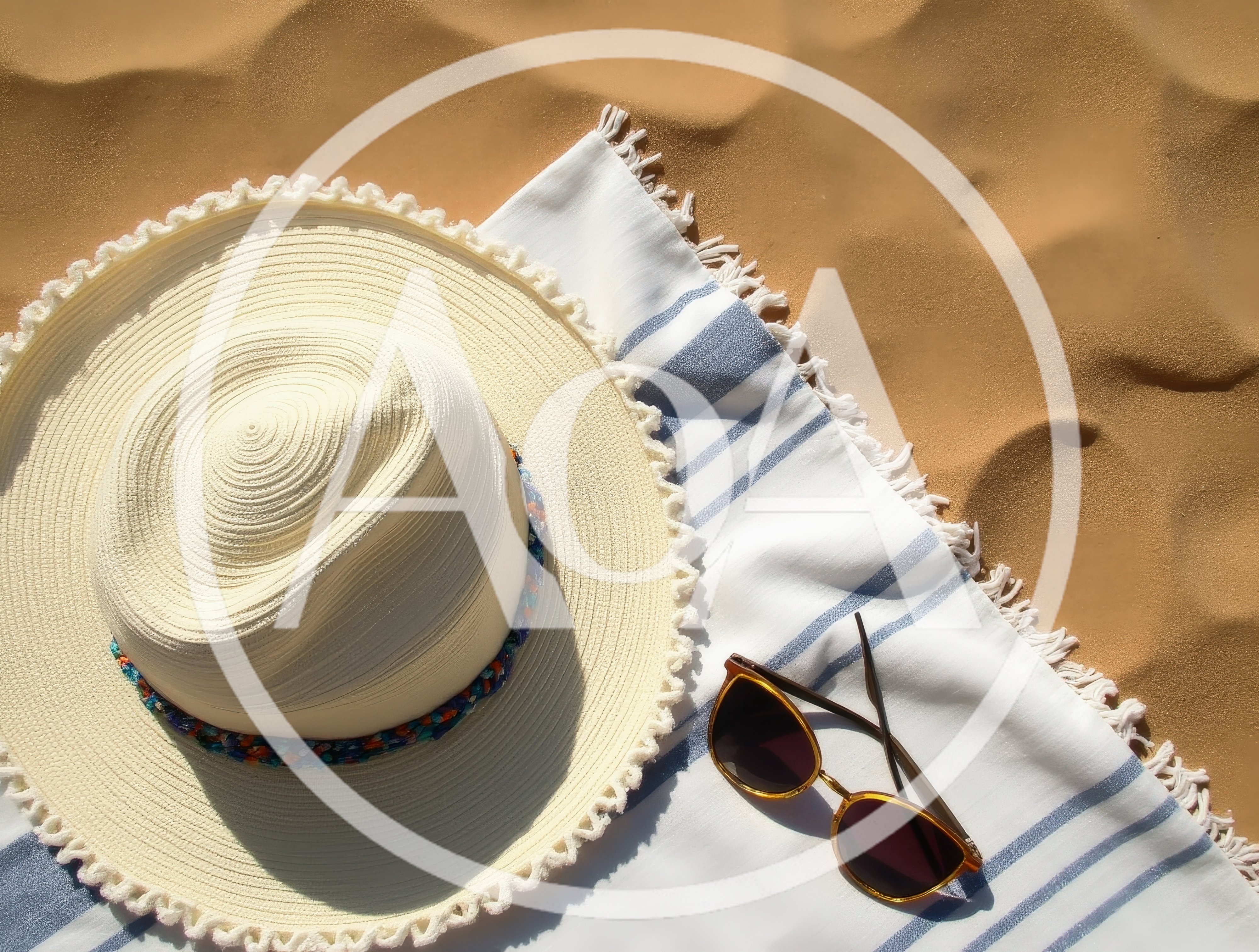 Sun Hat and Sunglasses on a Striped Beach Towel