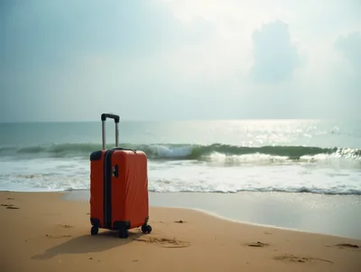 Orange Suitcase Standing Alone on a Sandy Beach