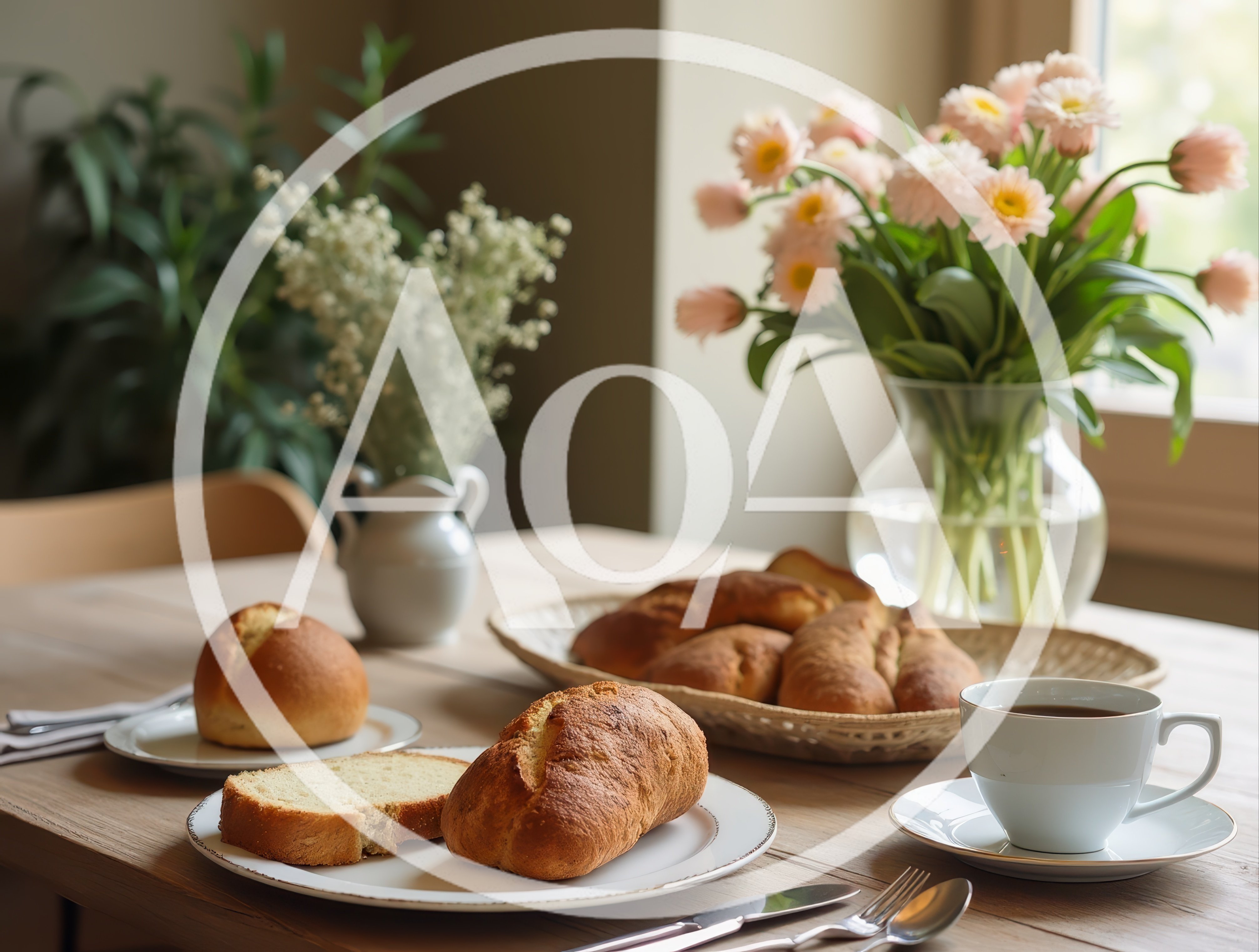 Breakfast Table Setting With Fresh Bread And Flowers