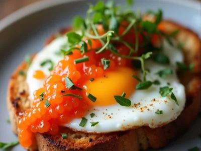Fried Egg With Salmon Roe On Toasted Bread