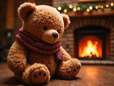 Cute Teddy Bear Sitting By A Cozy Fireplace