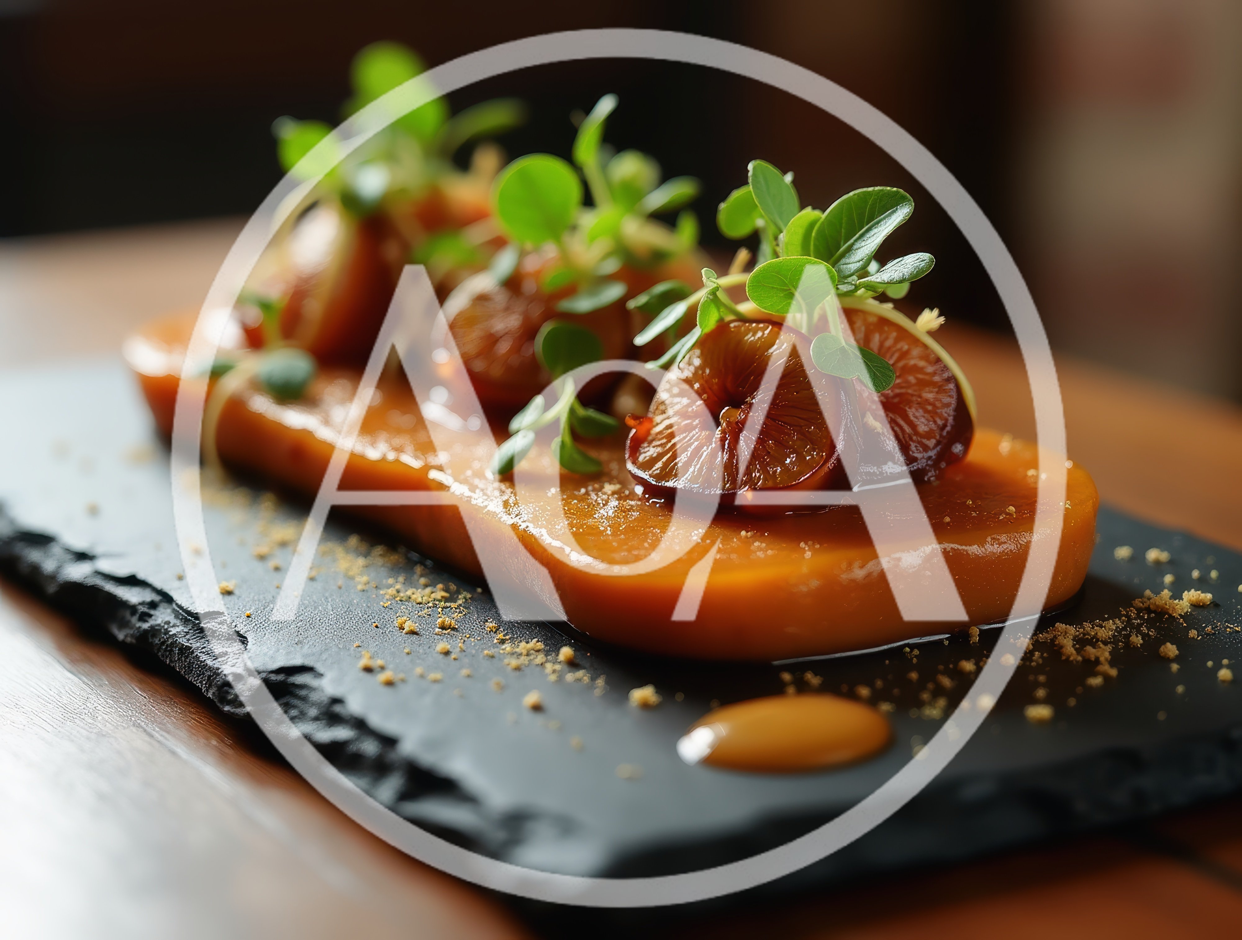 Gourmet Dessert Plated on Slate with Fig Garnish