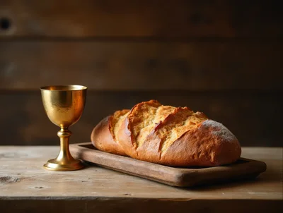 Golden Chalice And Fresh Bread On Wooden Table
