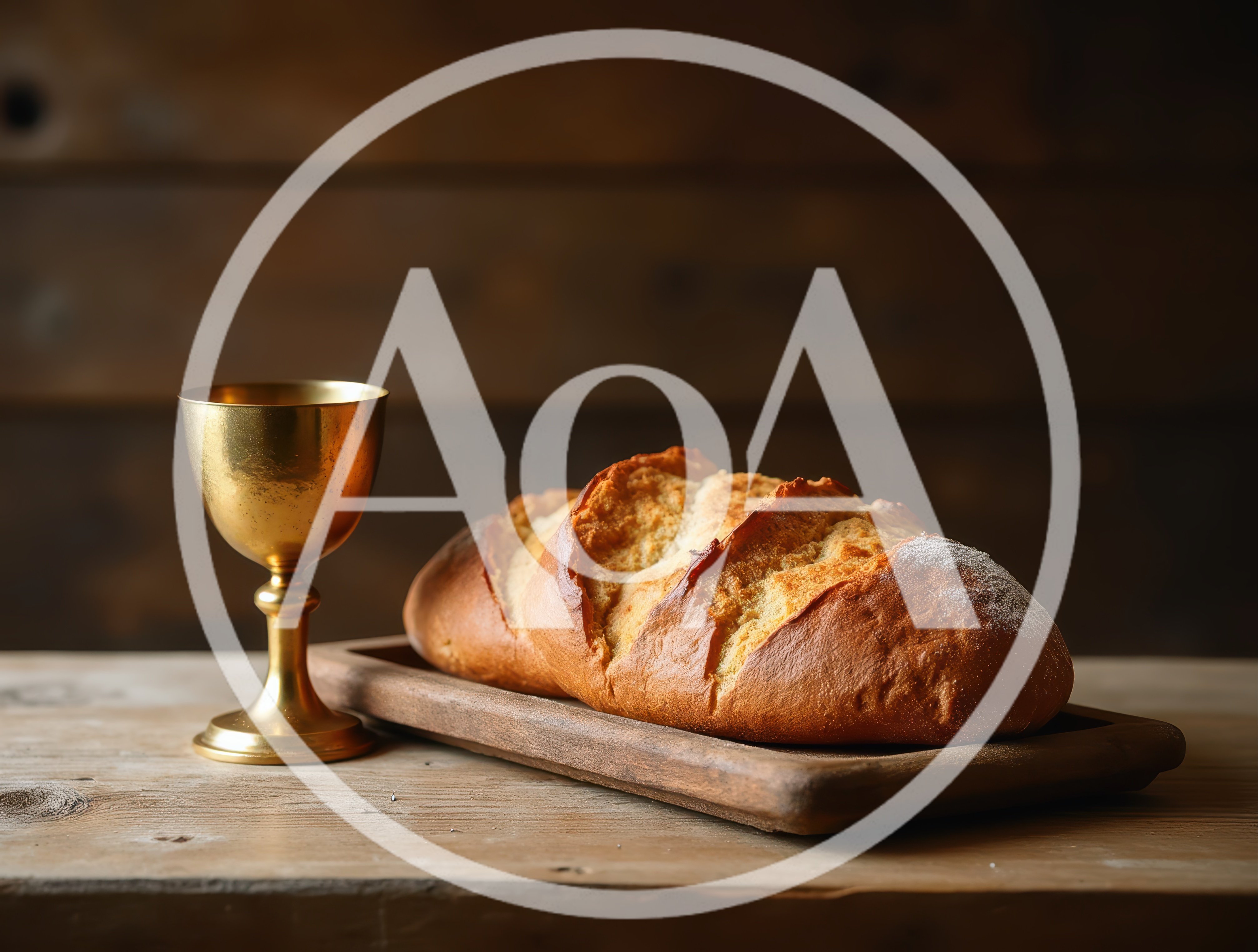 Golden Chalice And Fresh Bread On Wooden Table
