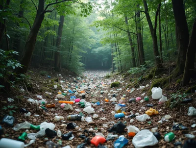 Plastic Waste Polluting A Lush Green Forest Path