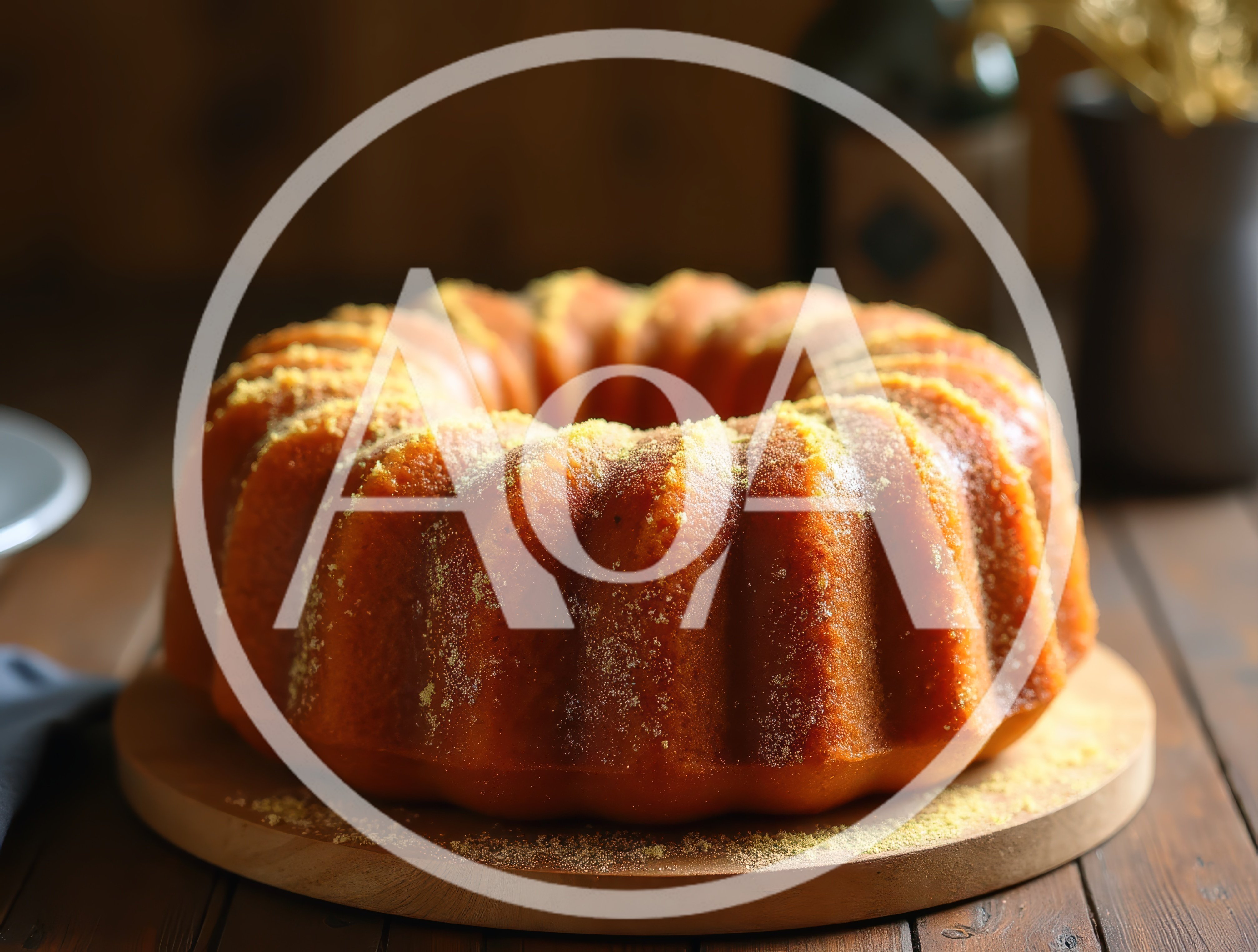 Golden Bundt Cake on Wooden Serving Board