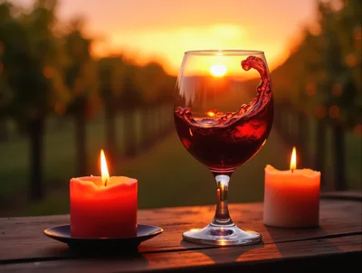 Red Wine Glass With Swirling Liquid At Sunset