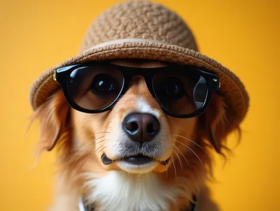 Cute Dog Wearing A Sun Hat And Sunglasses