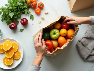 Person Packing Fresh Produce Into A Paper Grocery Bag
