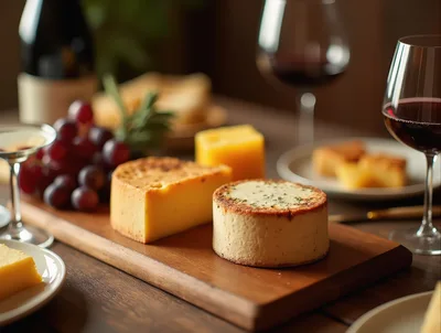 Gourmet Cheese Board With Red Wine And Grapes