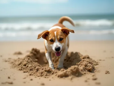 Happy Dog Digging A Hole In The Beach Sand