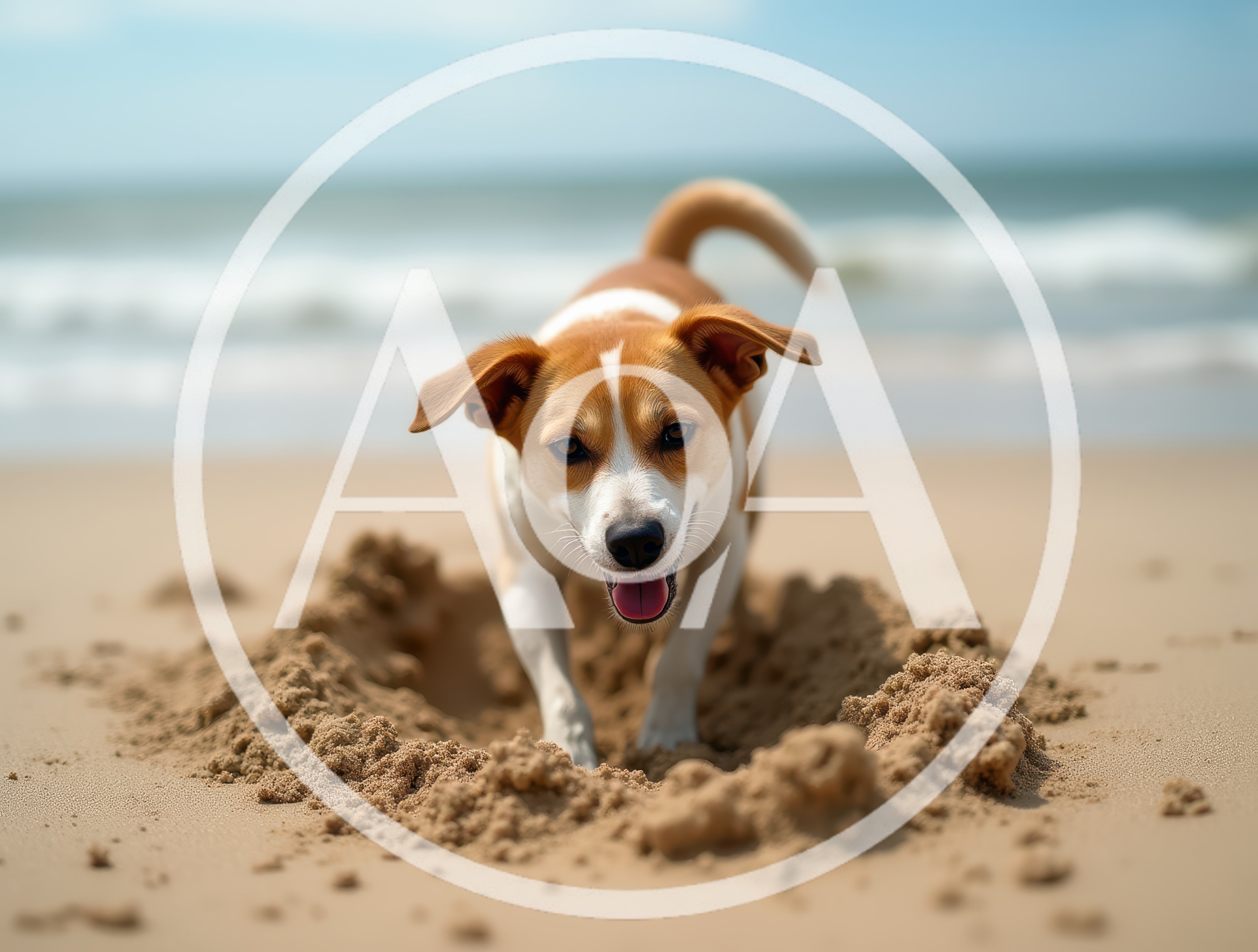 Happy Dog Digging A Hole In The Beach Sand