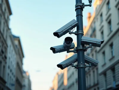 Multiple Security Surveillance Cameras Mounted On A Pole