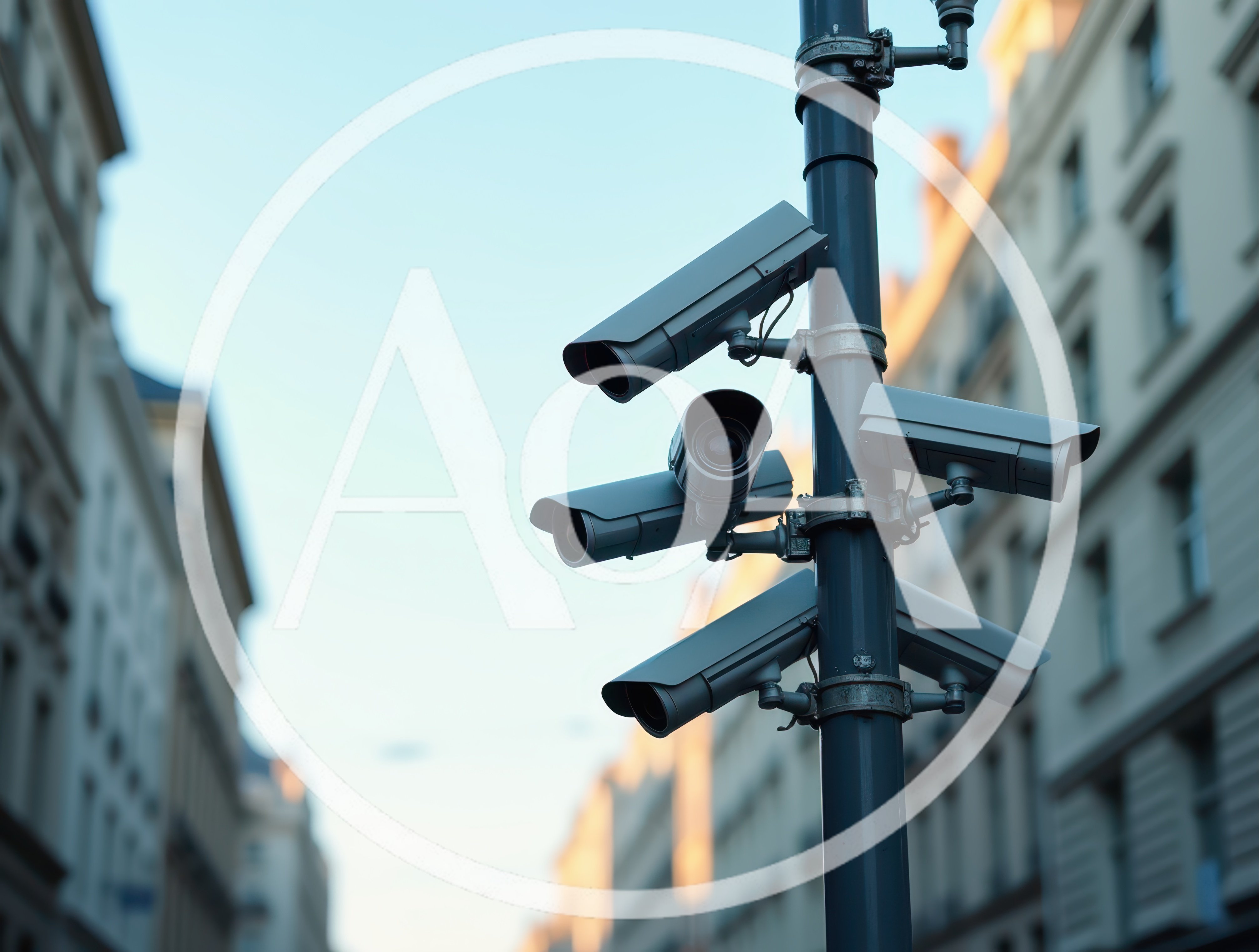 Multiple Security Surveillance Cameras Mounted On A Pole