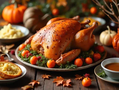 Roasted Thanksgiving Turkey With Seasonal Autumn Decorations