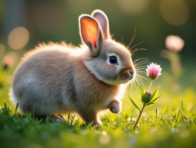 Cute Baby Rabbit Sniffing A Wildflower In A Meadow