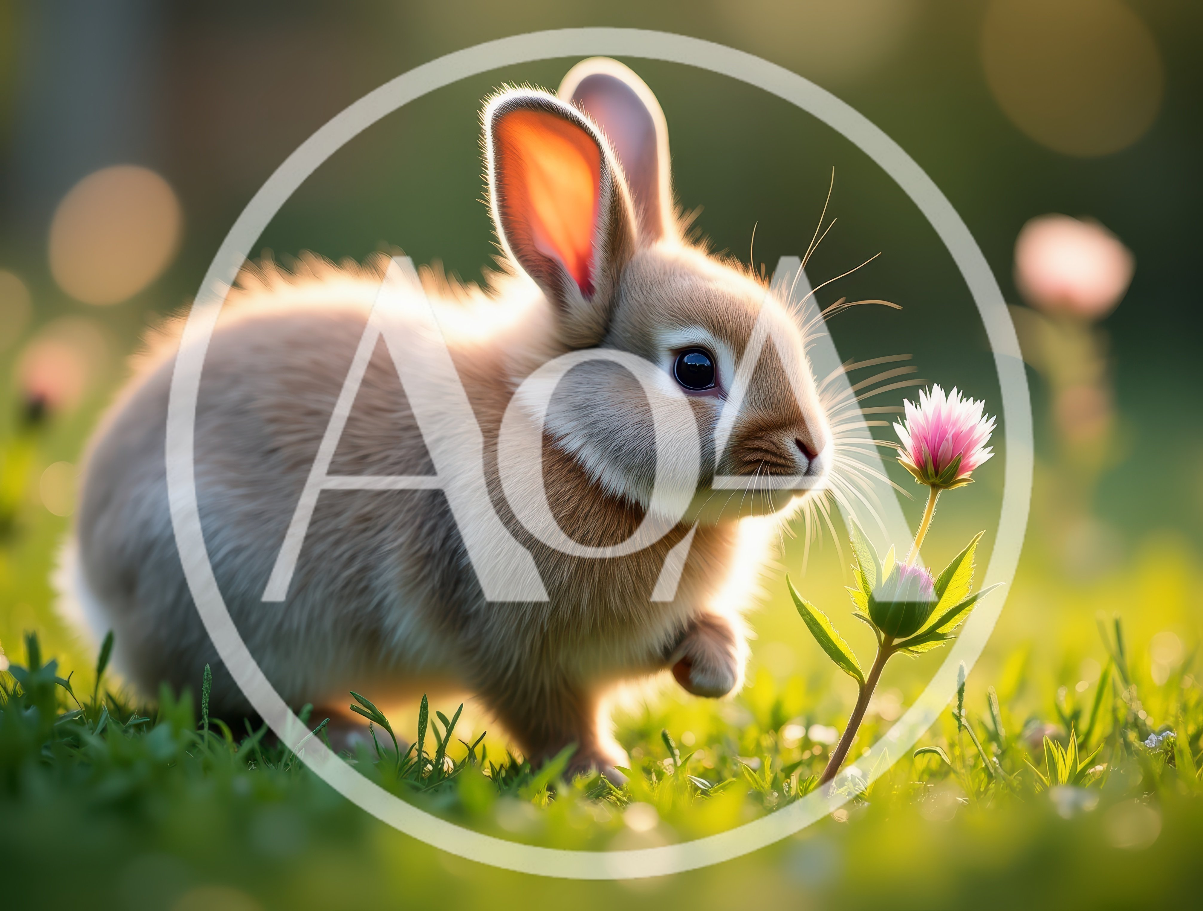 Cute Baby Rabbit Sniffing A Wildflower In A Meadow