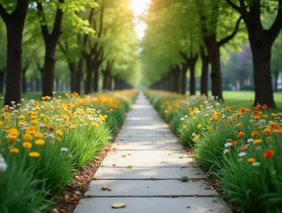Stone Pathway Through A Sunlit Tree Lined Park