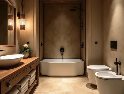 Modern Luxury Bathroom Interior With Bathtub And Vanity